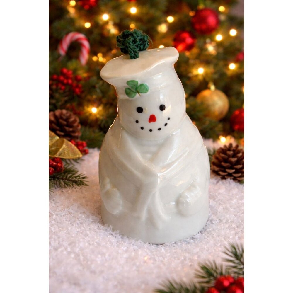 Belleek Snowman Bell Ornament White Porcelain Shamrock Green Cord 4.5" Ireland